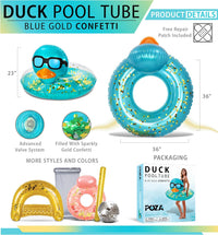 POZA inflatable duck pool float tube with gold confetti, sunglasses and orange beak - view 34