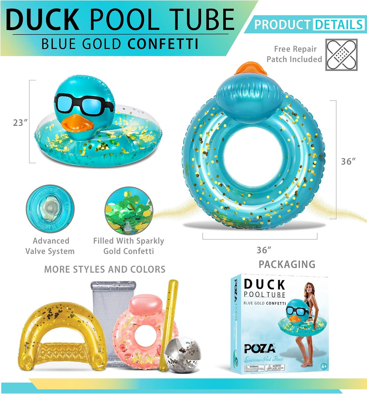 POZA inflatable duck pool float tube with gold confetti, sunglasses and orange beak - view 34