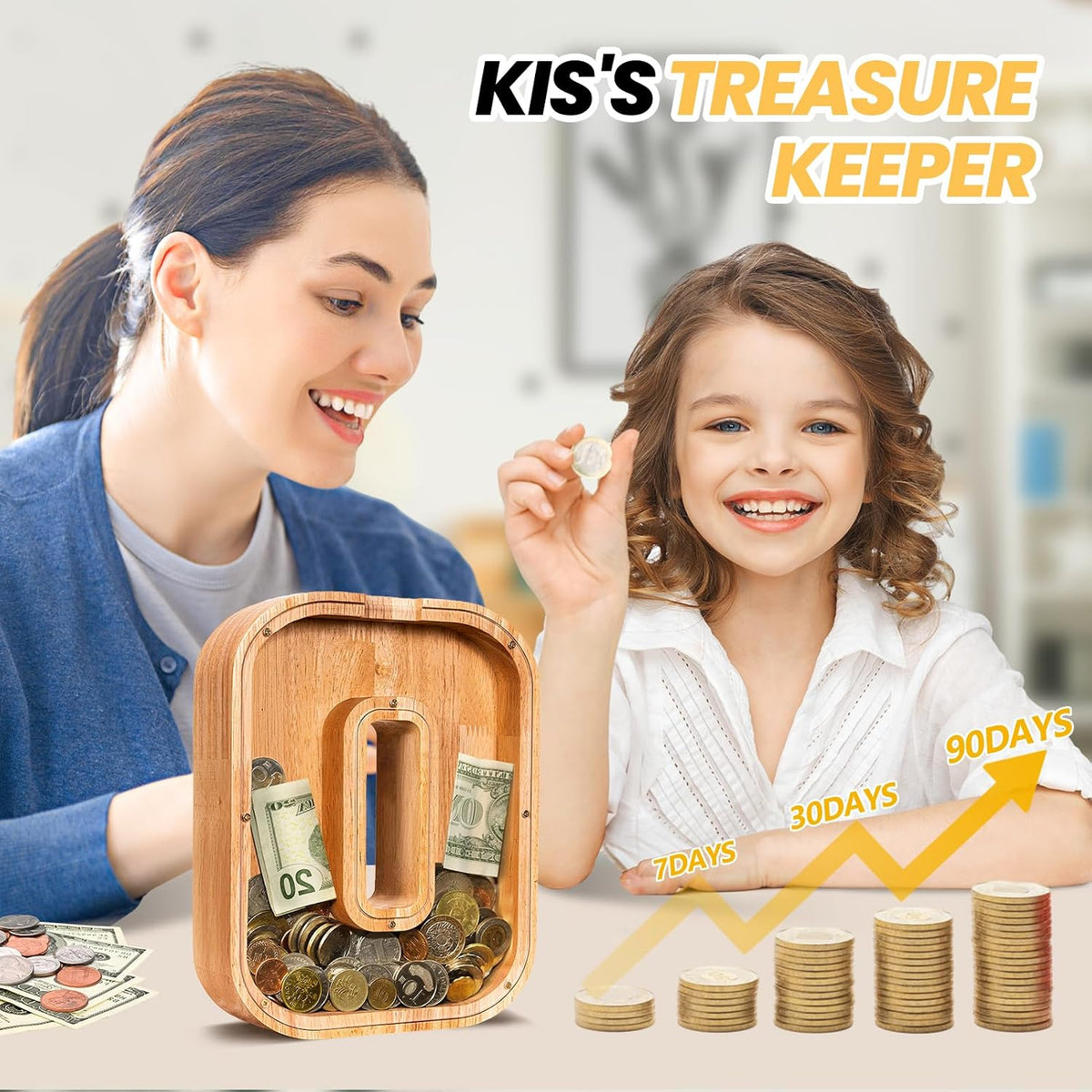 KMC wooden letter piggy bank, oak initial coin bank with clear plexiglass front - view 32