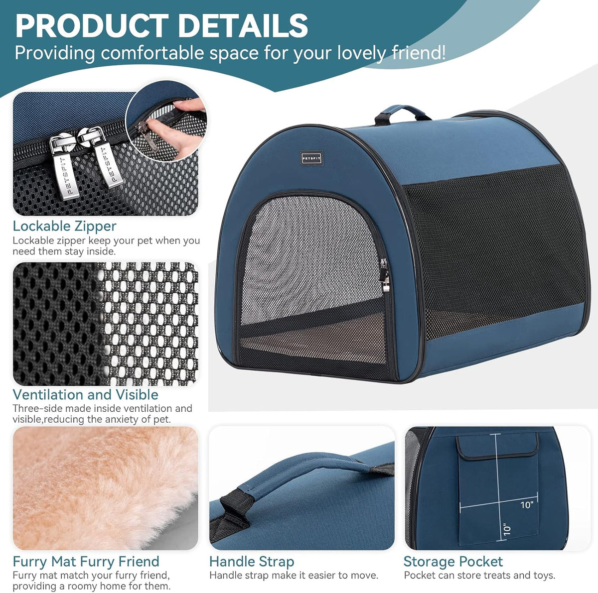 PETSFIT Portable Dog Crate, Travel Dog Crate, Roomy - Navy Blue / 20.0"L x 20.0"W x 26.5"H - image 3