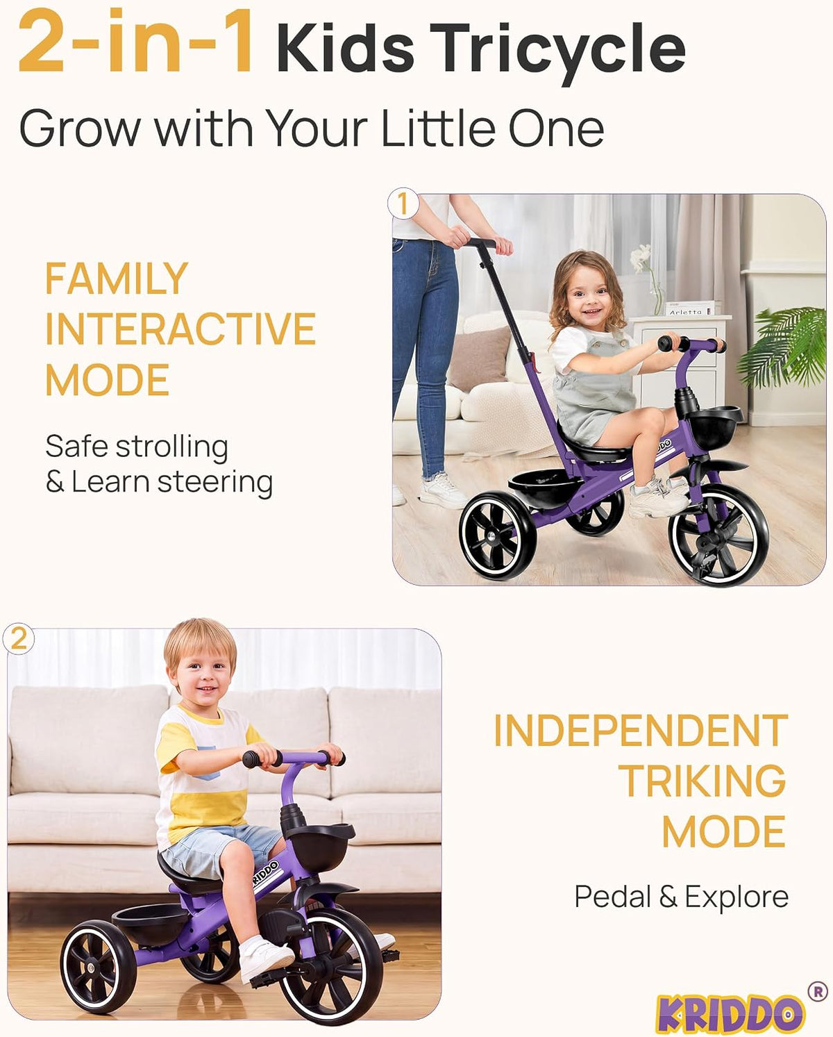 KRIDDO 2-in-1 Toddler Tricycle with Push Handle: Ages 18 Months to 5 - Purple - image 3