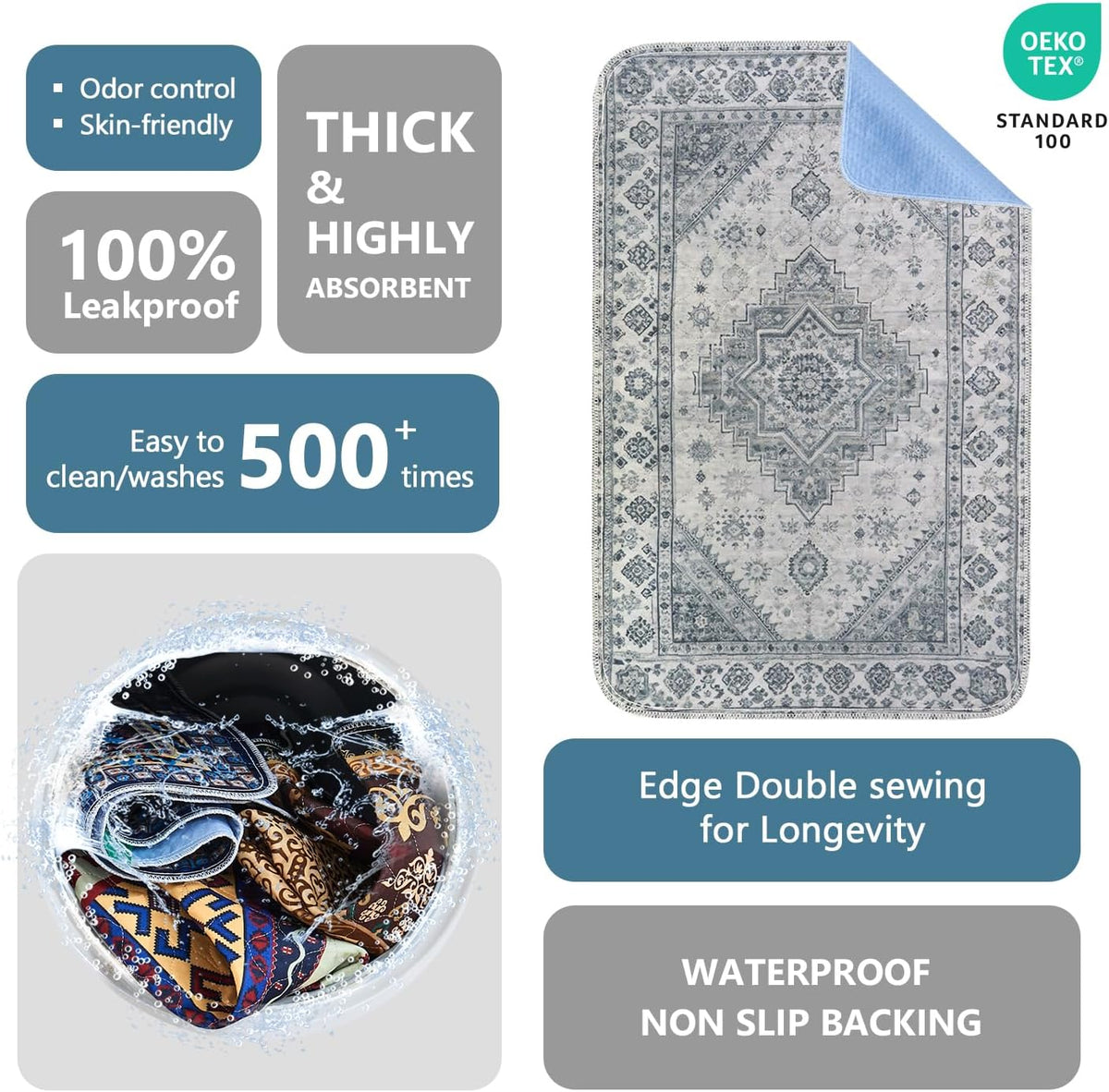 Washable Pee Pads, Super Absorbent Puppy Pads - Gray Medallion / 18"*30"(Pack of 2) - image 3