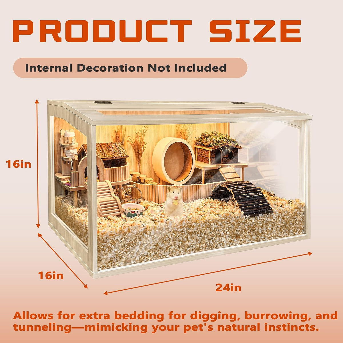Hamster Cage Chewproof, Large Hamster Cages and Habitats - Natural Oak Wood / 24"L x 16"W x 16"H / Openable Wooden Roof - image 3