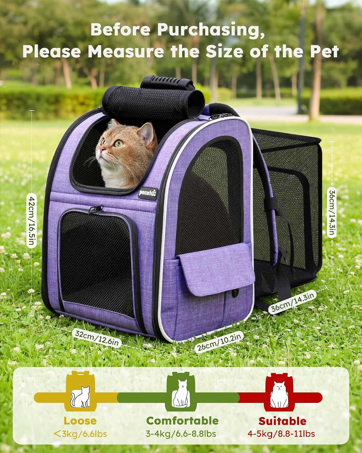 pecute Cat Backpack Expandable - Purple / 12.6"L x 10.2"W x 16.5"H / Mesh Window - image 2