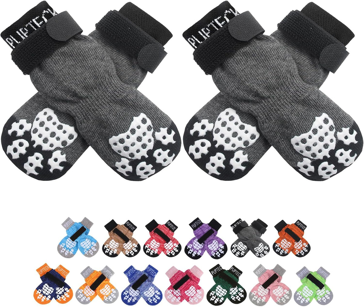 PUPTECK Anti-Slip Dog Socks with Double Sides Grips for Small Medium - Grey / X-Small (4 Count)