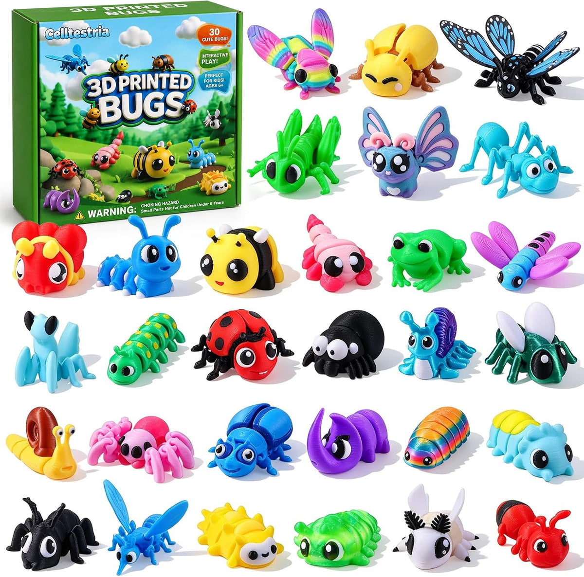 Celltestria 18PCS 3D Printed Skeleton Fidget Toys with Coffin Storage - 30Pcs 3D Printed Bugs