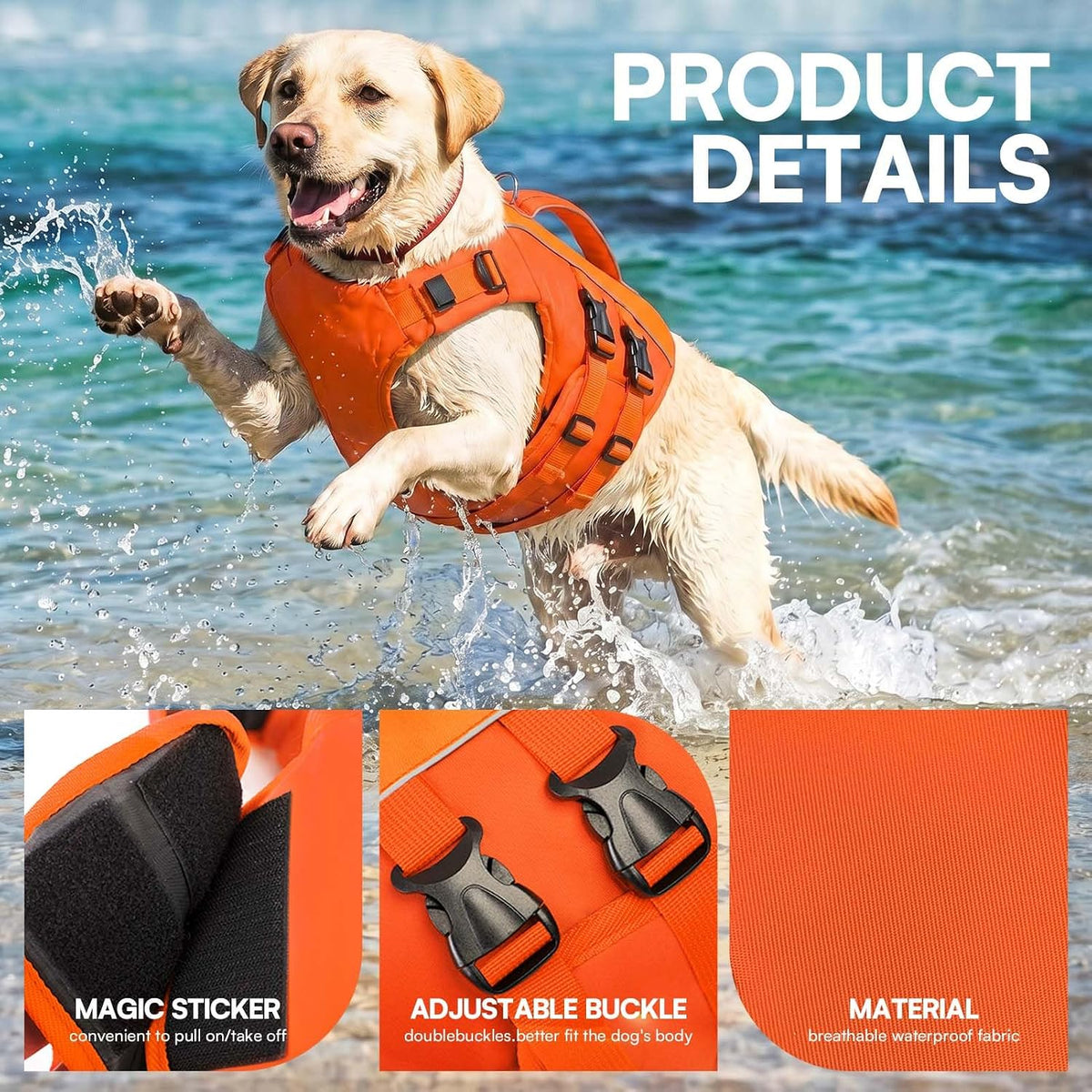 Dog Life Jacket Medium,Ripstop Dog Flotation Vest for Medium Dogs – Essentials for Dogs - Medium / Orange - image 3