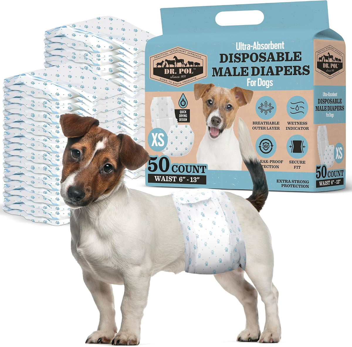Dr. Pol Male Dog Diapers, Belly Bands - XS Waist Size 6 - 13 in