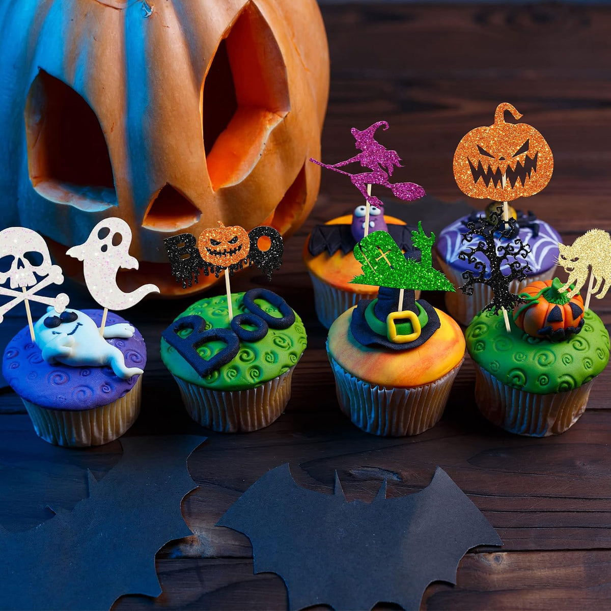 Ephlyn 24 white glitter ghost cupcake toppers for Halloween desserts - view 16