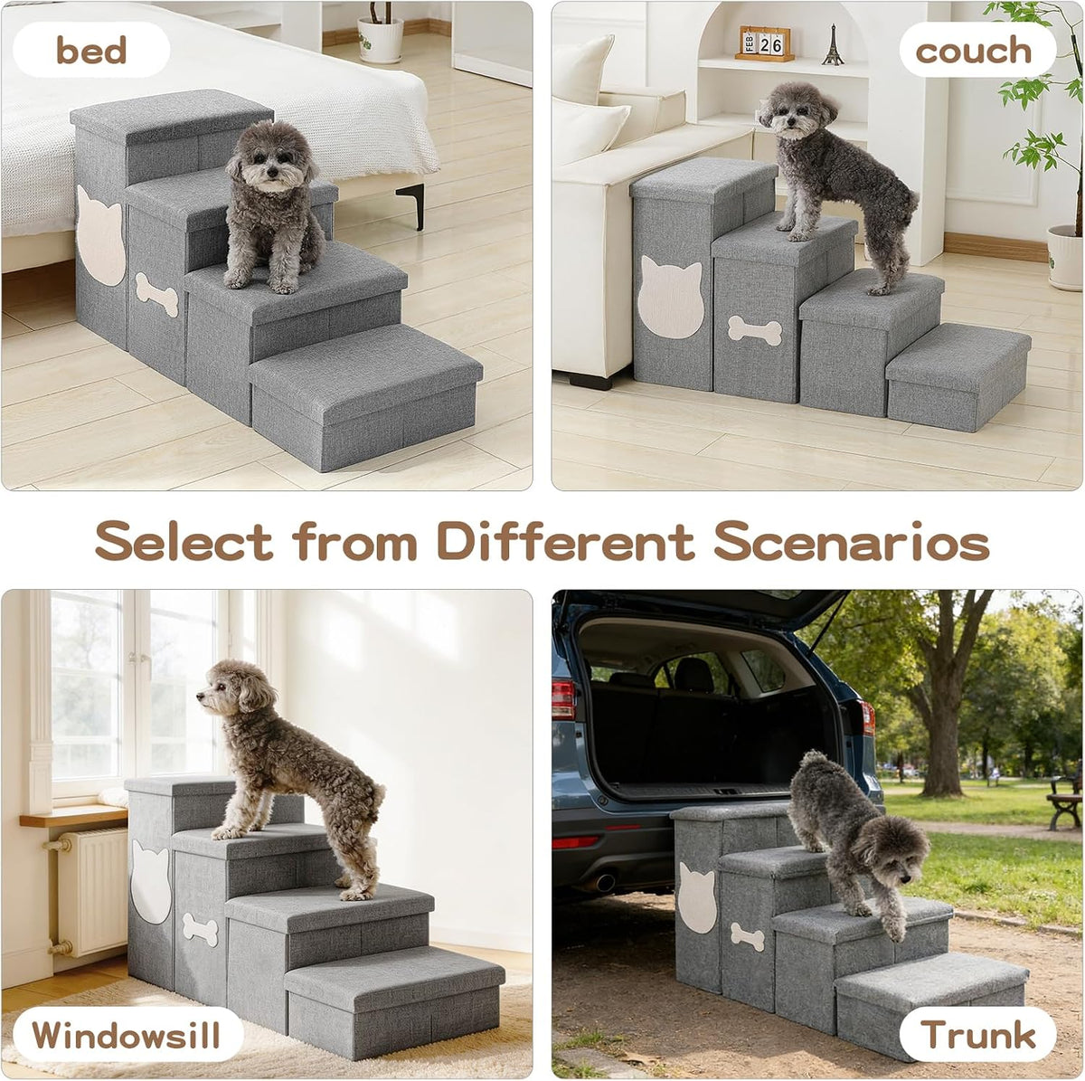 3-Step Dog Stairs for Small Dogs, Folding Dog Steps for Bed - Grey / 4-Step - image 2