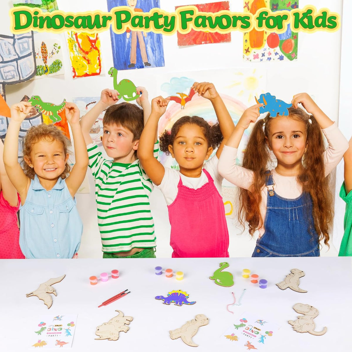 JOTIKO 12-pack dinosaur party favors with wooden keychains, paints and brushes - view 5