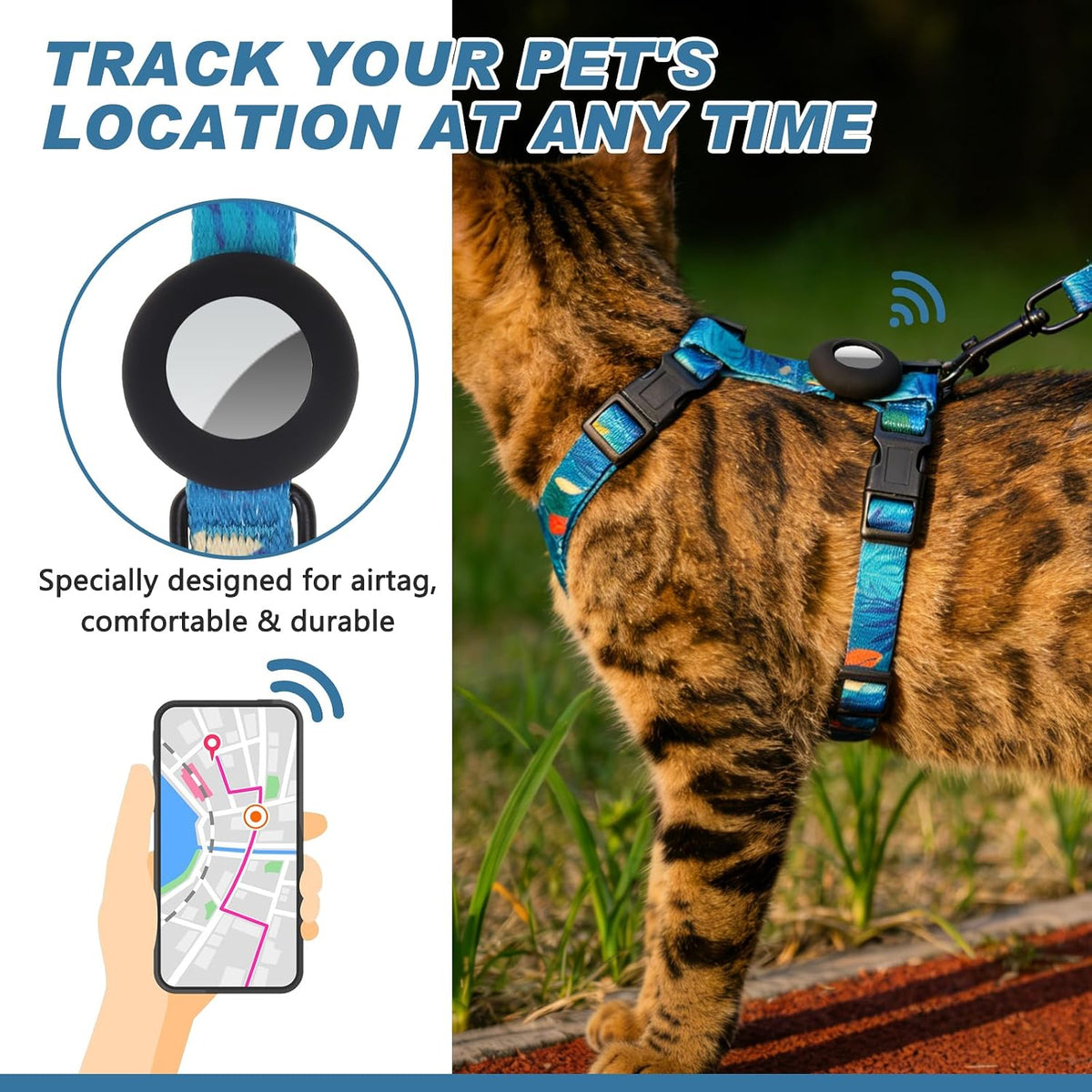 Cat Harness and Leash Set with Airtag Holder for Walking & Travelling - Green Print - image 2