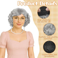 Huskein Old Lady Costume, Old Lady Cosplay Silver Bun Wig Glasses Wig Cap Pearl Necklace Bracelet - Grey-lady - image 3