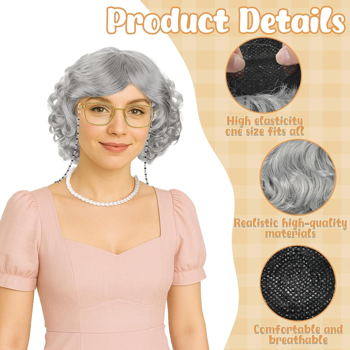 Huskein Old Lady Costume, Old Lady Cosplay Silver Bun Wig Glasses Wig Cap Pearl Necklace Bracelet - Grey-lady - image 3