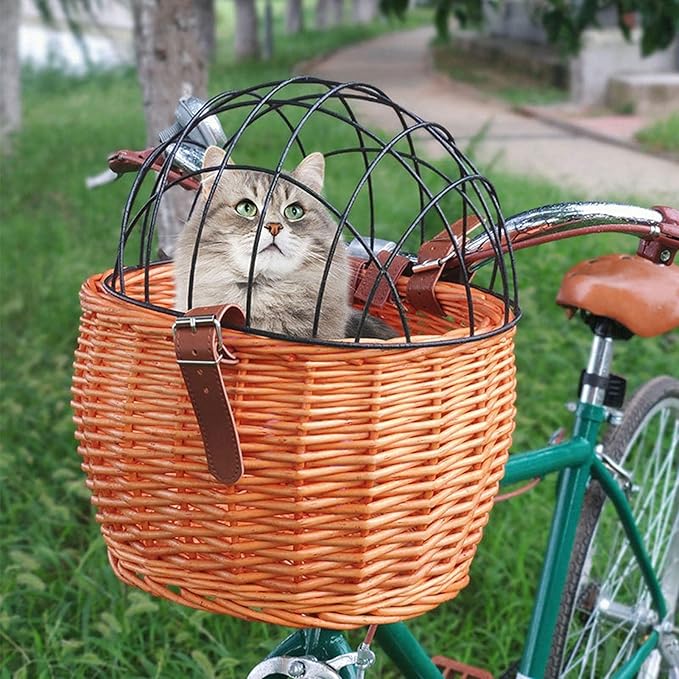 Bike Pet Basket, Wicker Bike Basket for Small Dogs Cats Pet Carrier Front Basket with Wire Mesh Cover and Lid, Wicker Basket for Dogs and Cats, Rattan Storage Basket, 11.81 * 9.84 inch (A)
