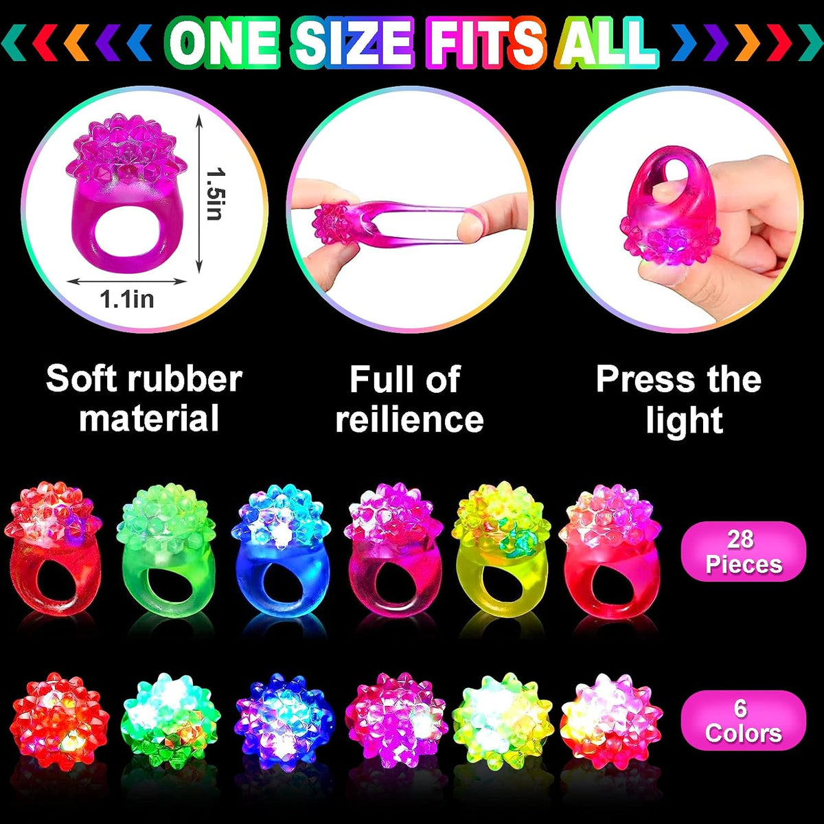 CCINEE 24Pcs Light Up Rings Flashing Assorted Colorful LED Rubber - 28Pcs/Rubber Bumpy Jelly Rings - image 3