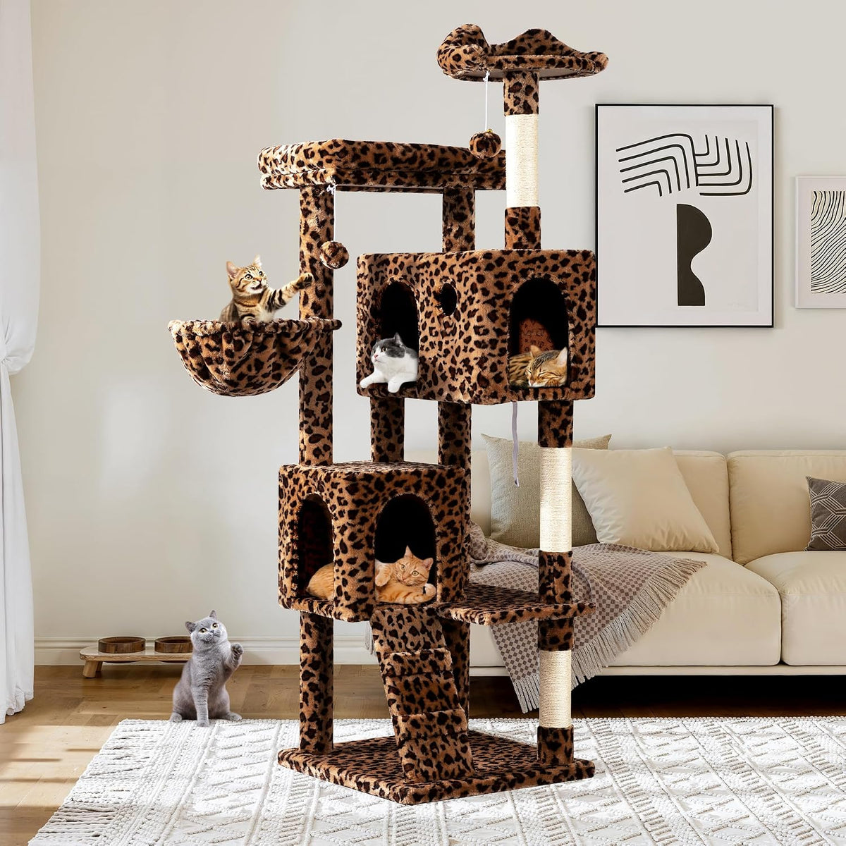 Allewie 64 Inches Cat Tree Tower/Multi-Level Activity Center - Leopard Print