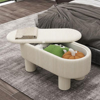 Corduroy Storage Ottoman Bench, 43" Upholstered Oval Footrest with Hidden Storage, Modern Design with Solid Wood Legs for Bedroom, Living Room, and Entryway Furniture, White