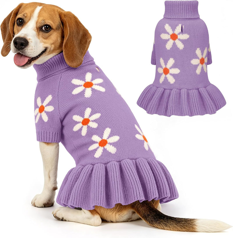 Bowknot Dog Sweater Dress for Small Dogs Girl - X-Large (21-28lbs) / Lavender Purple