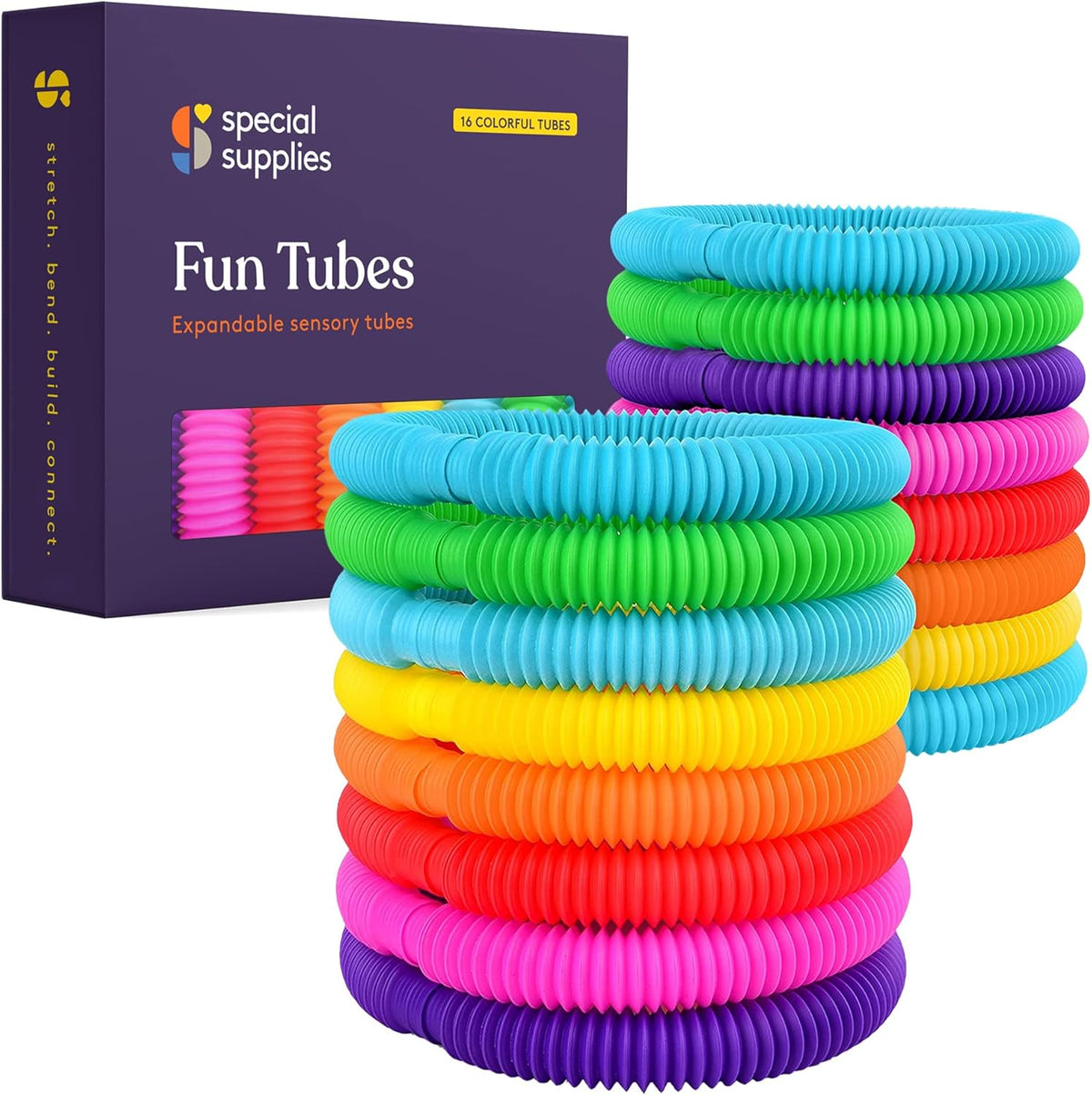 Special Supplies Fun Pull and Stretch Tubes for Kids, Pop, Bend - 16-Pack Primary Colors