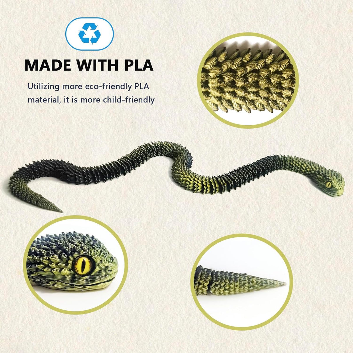 24in 3D Printed Snake Toys, Flexible 3D Printed Animal - Black Gold / 24in - image 3