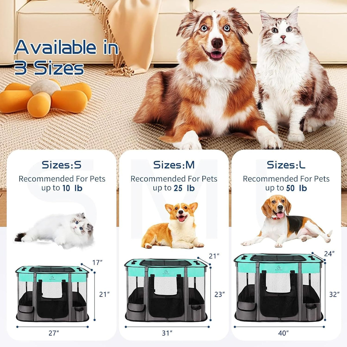 ROMANTIC BEAR Dog Playpen, Foldable Pet Puppy Cat Playpen, L - Green / Small(27"x21"x17") - image 2