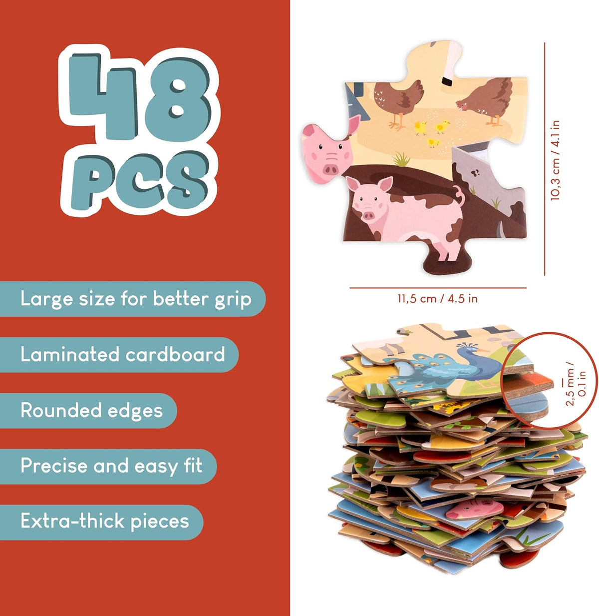 BONNYCO Giant Floor Puzzles for Kids of Jungle Animals with 48 Large - Farm - image 3