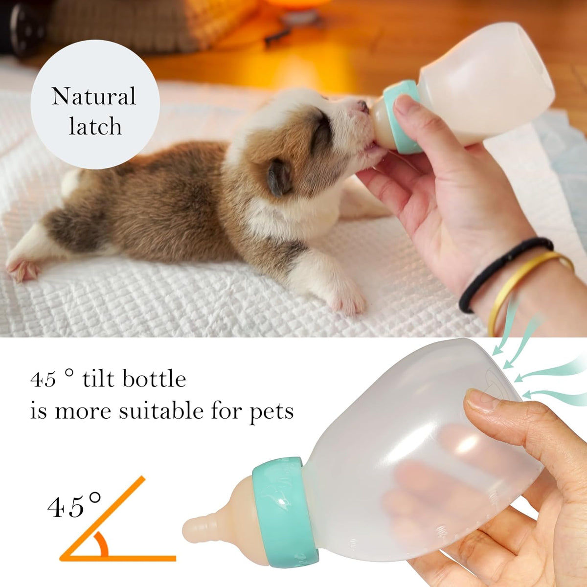 Puppy Angled Feeder Bottle, Silicone Feeding Nipple and Syringes – Essentials for Dogs - 300ml for Small/Medium Breed Puppy - image 3