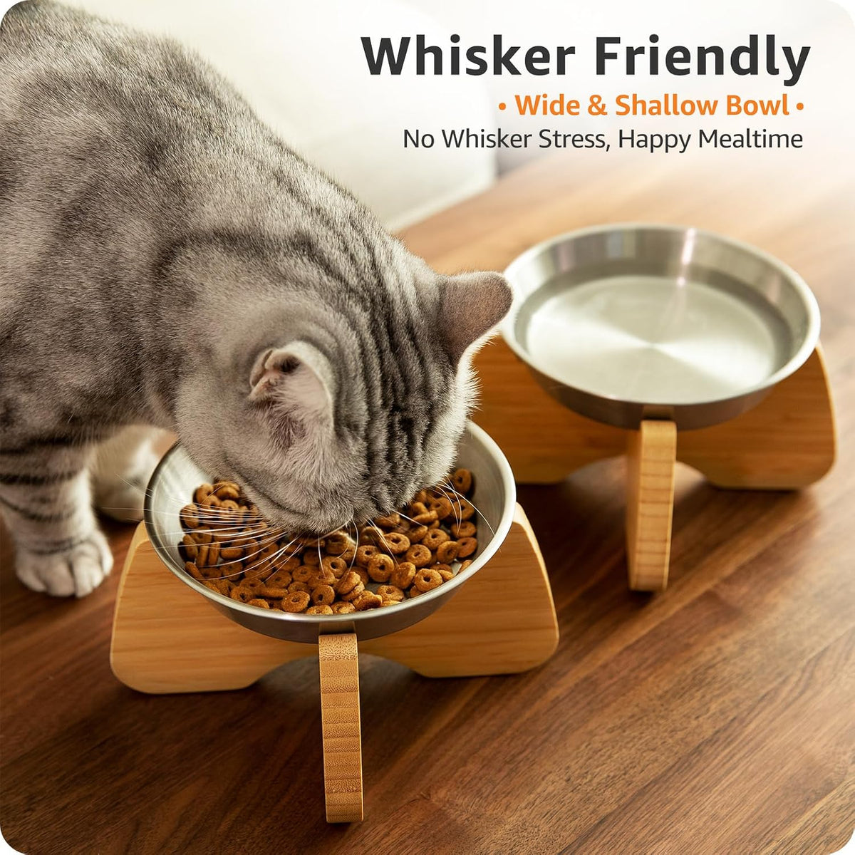 Raised Stainless Steel Cat Bowl with Bamboo Stand – Essentials for Cats - 1 PACK - image 3