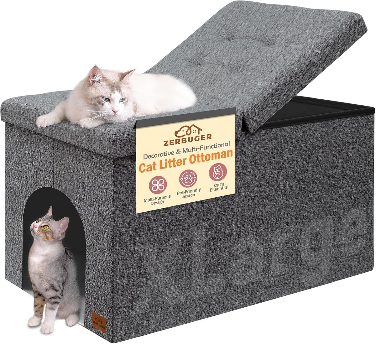 Zerbuger Cat Litter Box Enclosure Furniture for Odor Control – Essentials for Cats - Grey / X-Large