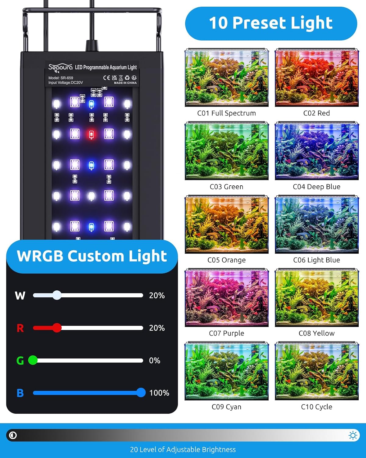 SEAOURA WRGB DIY Aquarium LED Light with Thermometer for 18-24in Fish - For 18'' - 24'' Tank - image 2