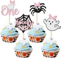 24 PCS Halloween Bat Cupcake Toppers Black Glitter Bat Cupcake Picks - Pattern C7 Pink