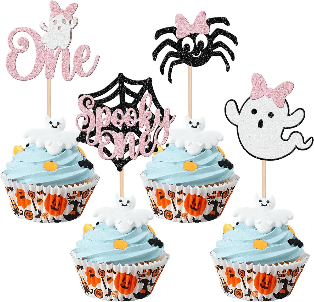 24 PCS Halloween Bat Cupcake Toppers Black Glitter Bat Cupcake Picks - Pattern C7 Pink