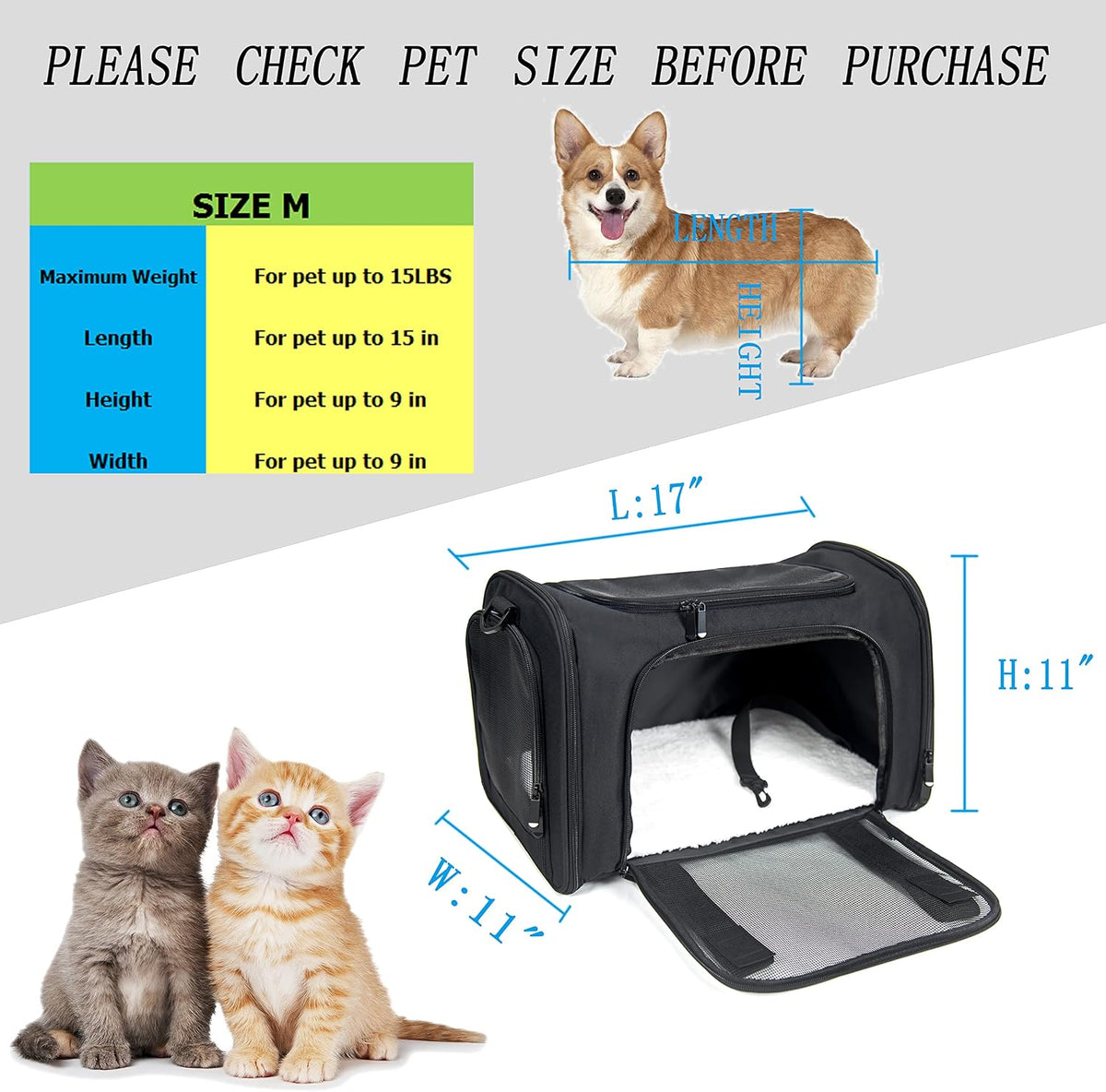 Soft Sided Carrier for Small Medium Cats Dogs - 17.0"L x 11.0"W x 11.0"H / Black - image 4