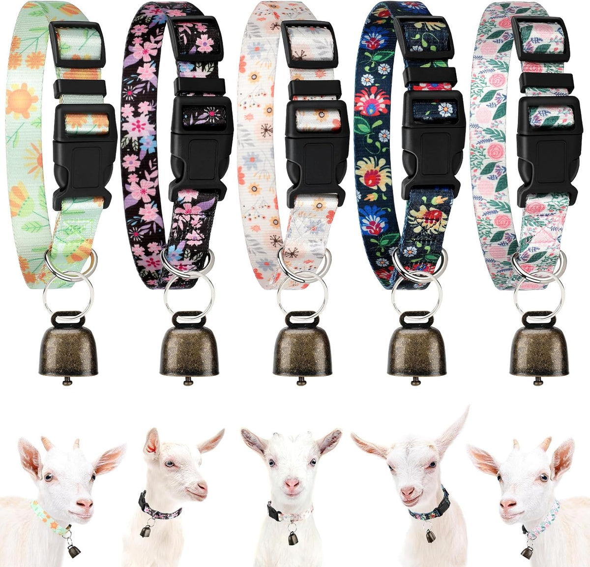 5 Pack Reflective Goat Collars with Bells, Anti-Lost Pet Collar - Floral+Groovy Pattern