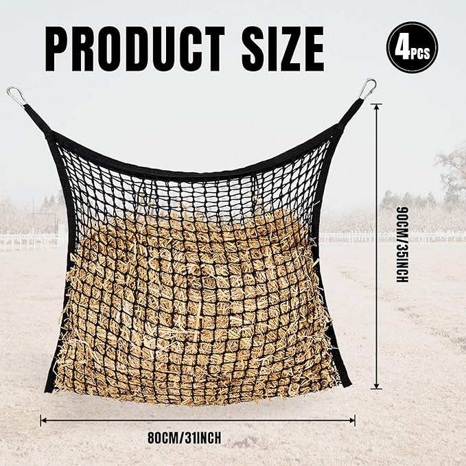 4 PCS Slow Feed Hay Net for Horses, Large Capacity Hay Bags for Horses Goats Sheep Donkey Trailer Full Day Feeding, Easy to Fill and Hang, Black, 35 x 31 Inch
