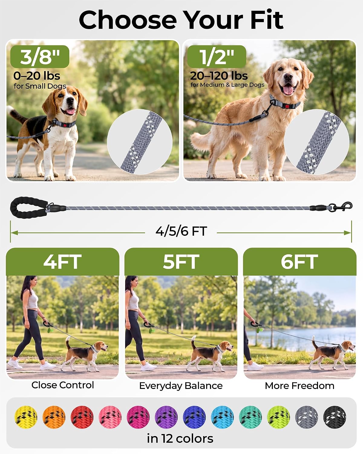 Taglory Rope Dog Leash for Medium Large Dogs - 1/2" x 6 FT (20~120 lbs.) / Grey - image 3