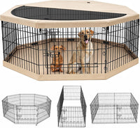 Foldable Metal Dog Exercise Pen/Pet Puppy Playpen Kennels Yard Fence - Tan / 24''H / Playpen+Bottom+Top Cover