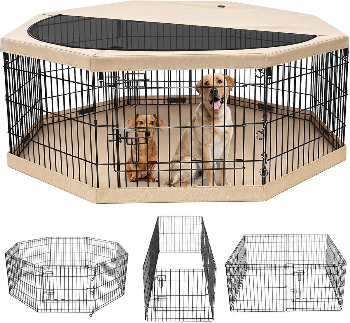 Foldable Metal Dog Exercise Pen/Pet Puppy Playpen Kennels Yard Fence - Tan / 24''H / Playpen+Bottom+Top Cover