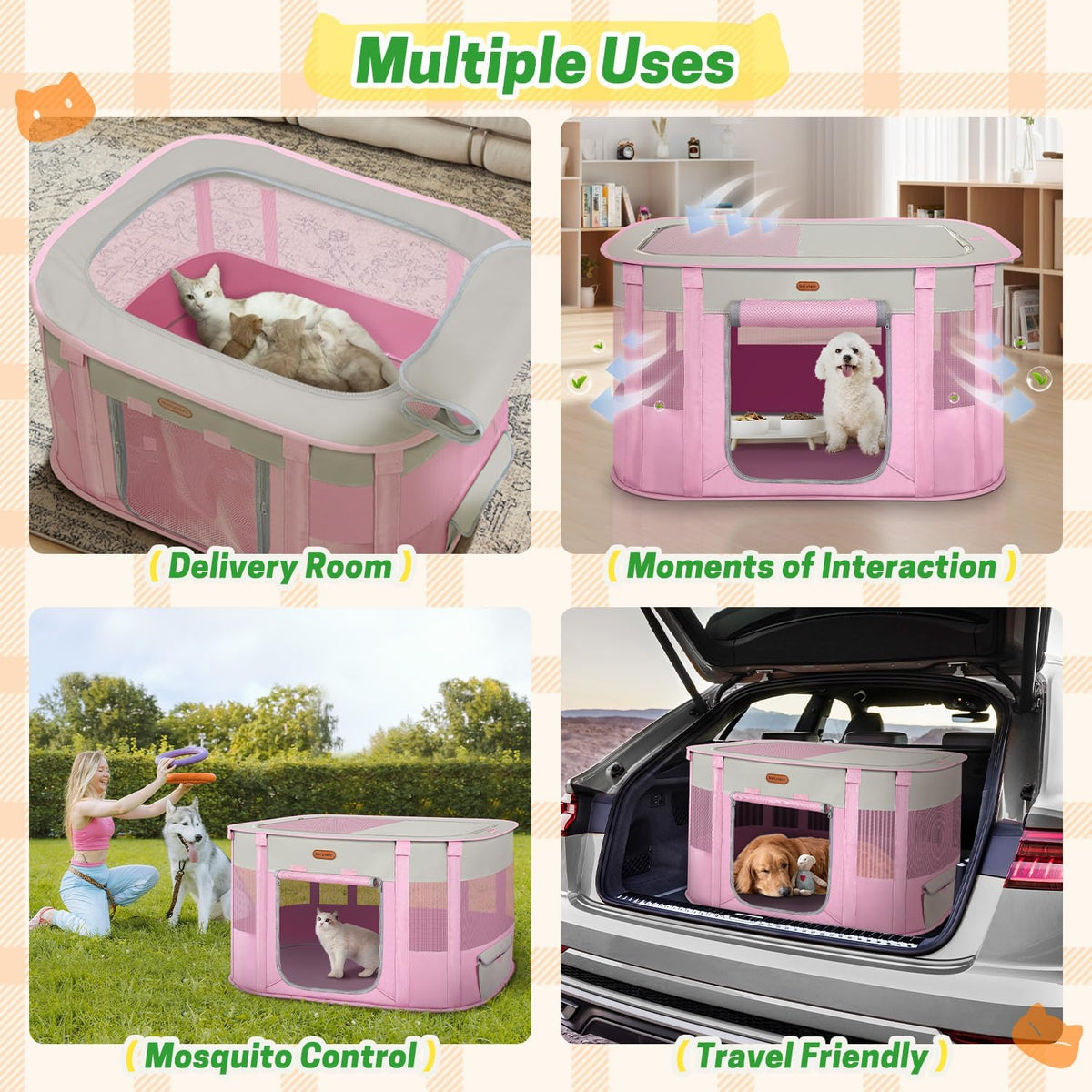 Foldable Pet Playpen, Cat & Puppy Playpen - Pink / 1 / Small(29.5''×22.8''×16.5'') - image 2