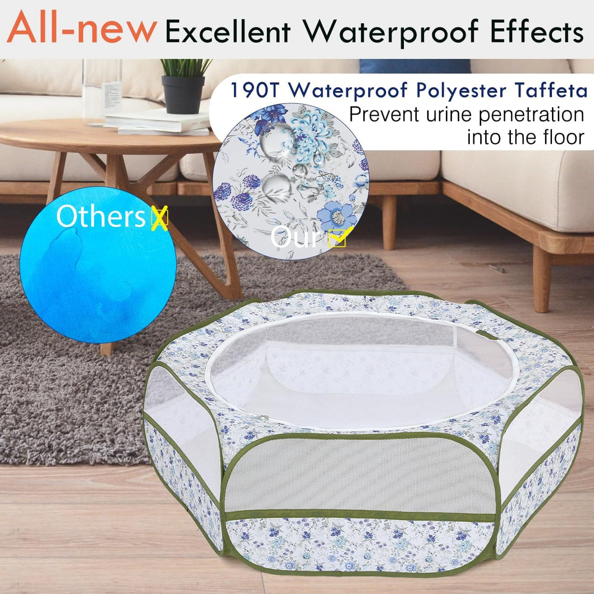 Pawaboo Small Animal Playpen, Waterproof Portable Pet Cage Tent - Blue + White Flower / 1 - image 4
