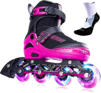 PAPAISON Adjustable Inline Skates for Kids and Adults with Full Light - Rose Red / Medium - Big Kid (1-4 US)