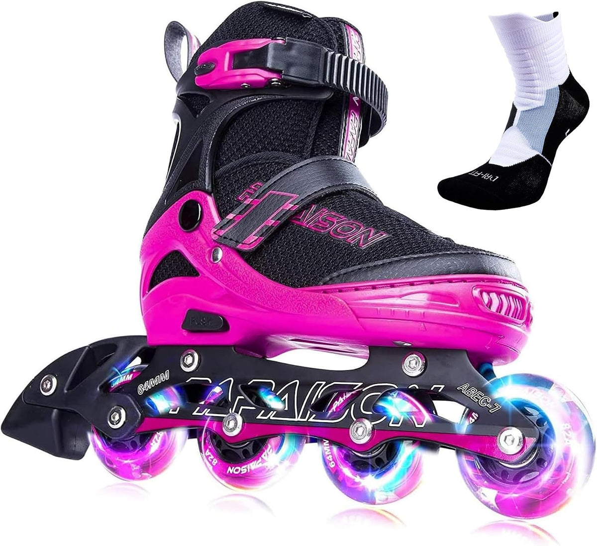 PAPAISON Adjustable Inline Skates for Kids and Adults with Full Light - Rose Red / Medium - Big Kid (1-4 US)