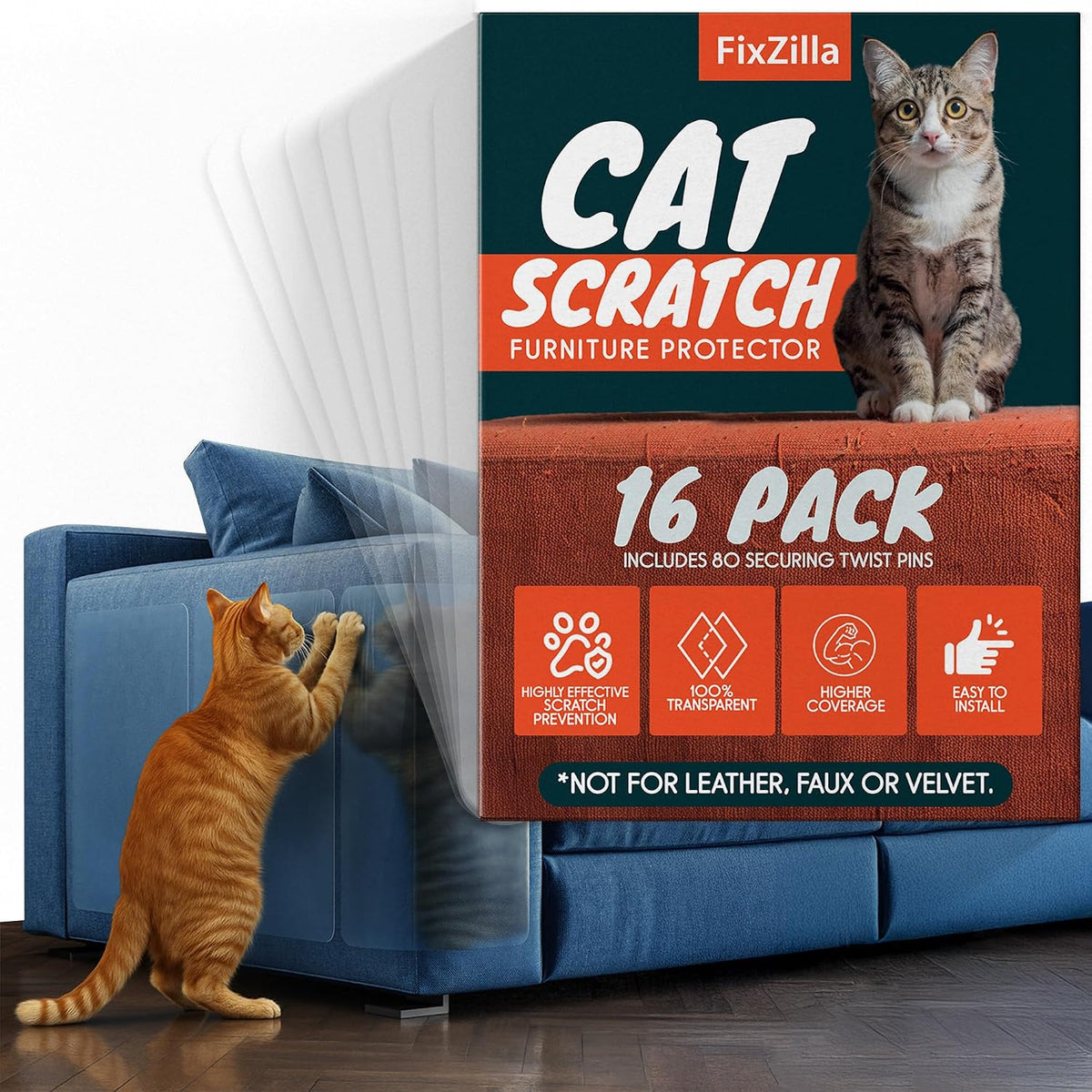 Anti Cat Scratch Furniture Protector, Heavy-Duty - 16-Pack + 80 Pins