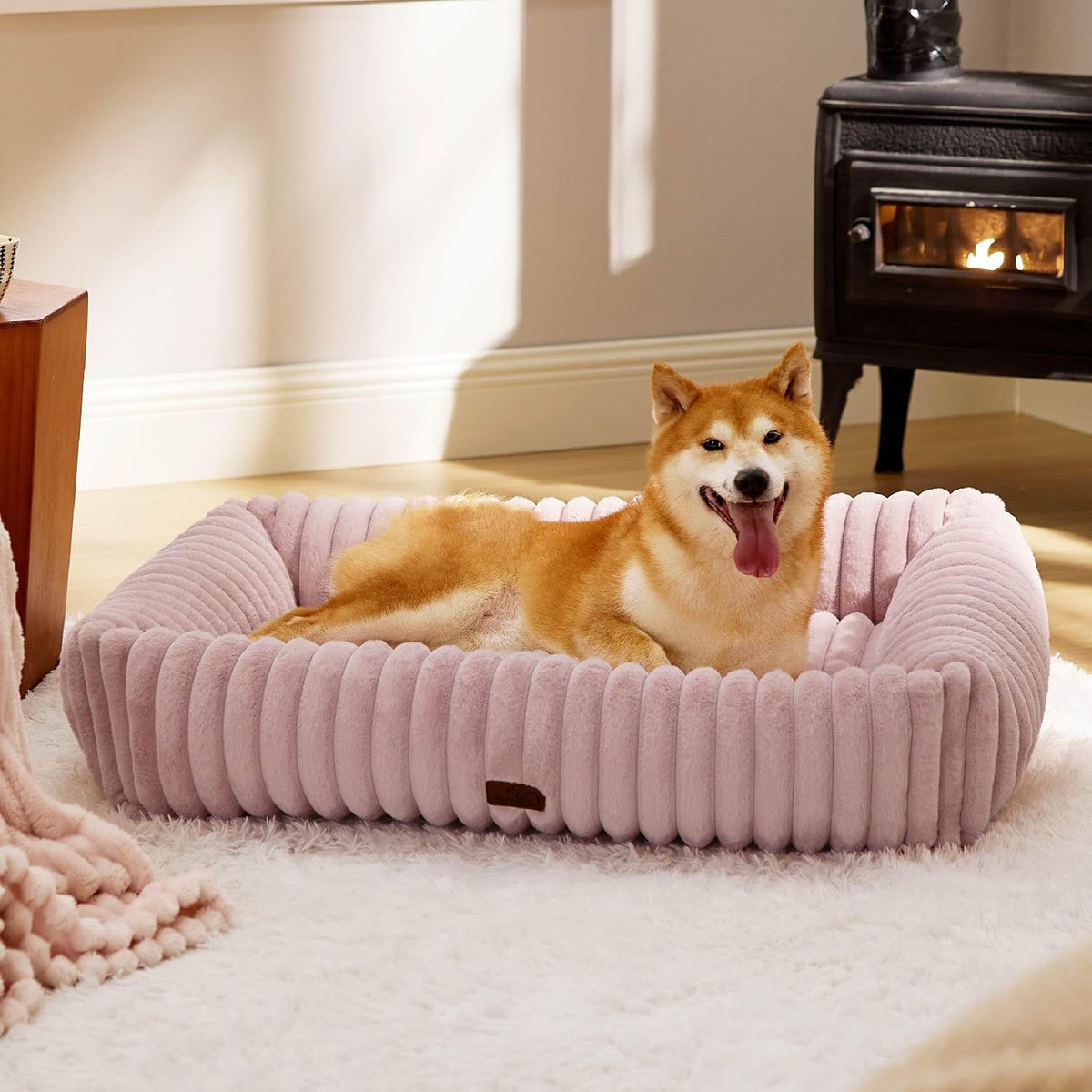 Bedsure ComfyFleece Cute Dog Bed for Small Medium Dogs Washable - L(36" x27" x8") / Blush Pink