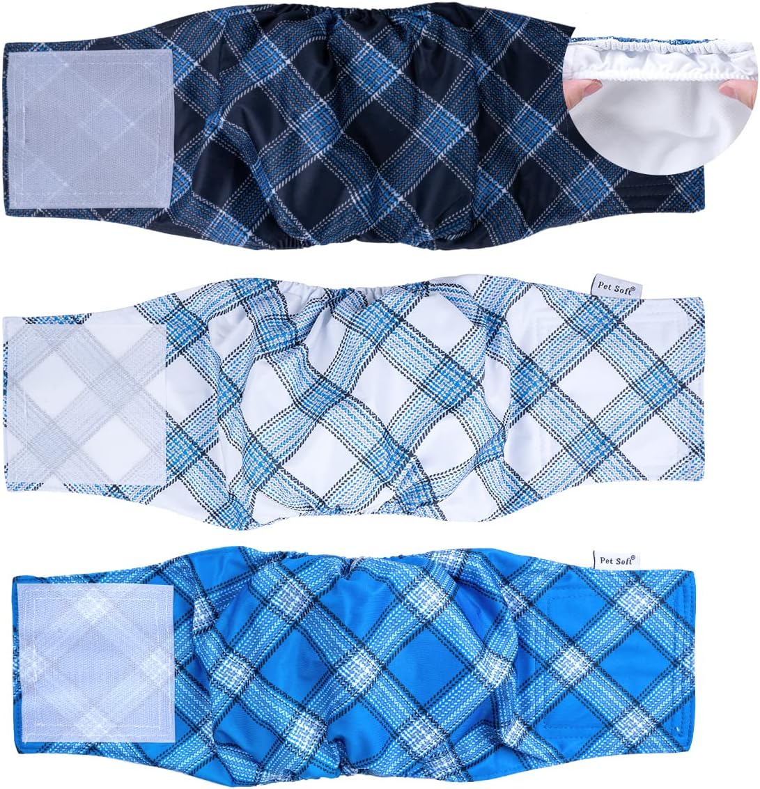 Pet Soft Dog Belly Bands - Washable Dog Diapers Belly Band for Male Dogs, Reusable Male Dogs Wraps - Blue Plaid / Large (14''-18'')