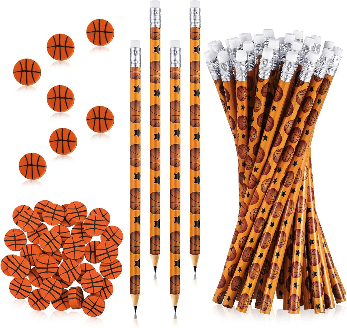 Tinlade 72 Pcs Sports Pencils and Erasers for Boys, Party Favors – Fun for Kids & Family - Basketball