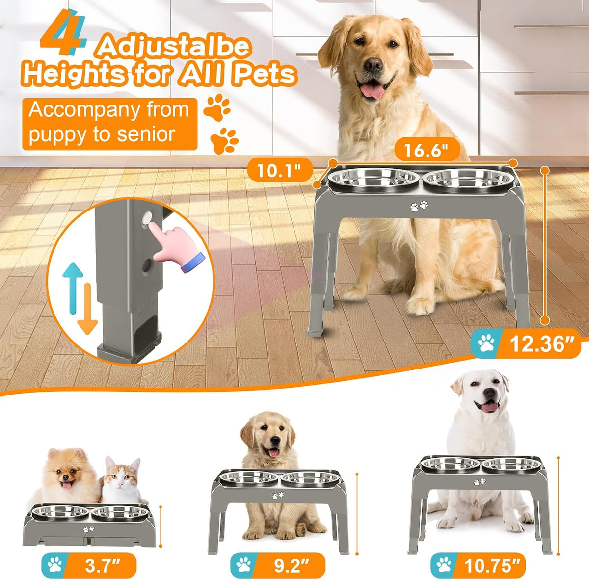 Elevated Bowls, 4 Height Adjustable Raised Stand With 2 Thick 50oz Stainless Steel Food Bowls - Light Brownish Gray / 8" for Medium Dogs - image 2