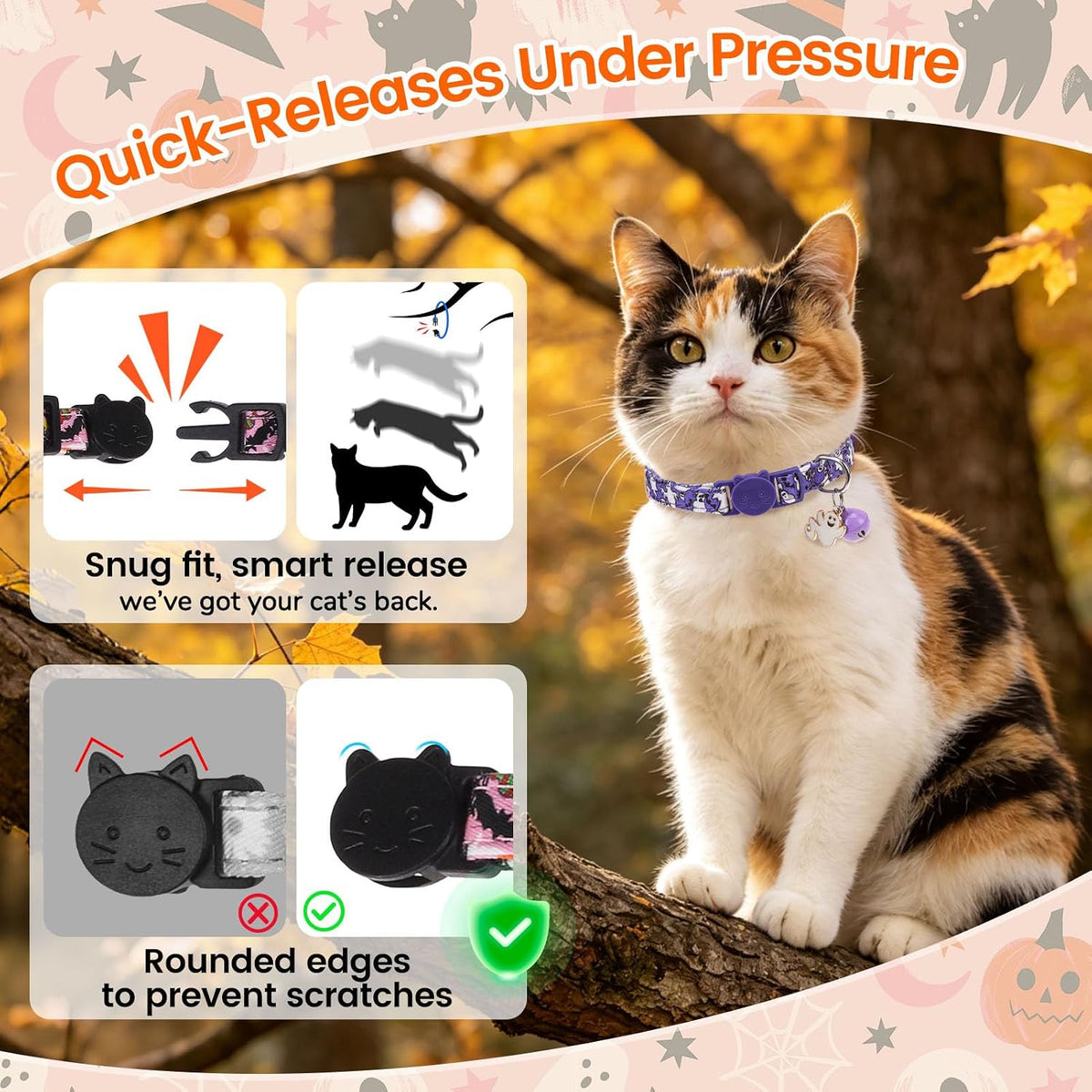 BINGPET Halloween Cat Collar Breakaway - Halloween(Purple+Pink+Black) - image 2