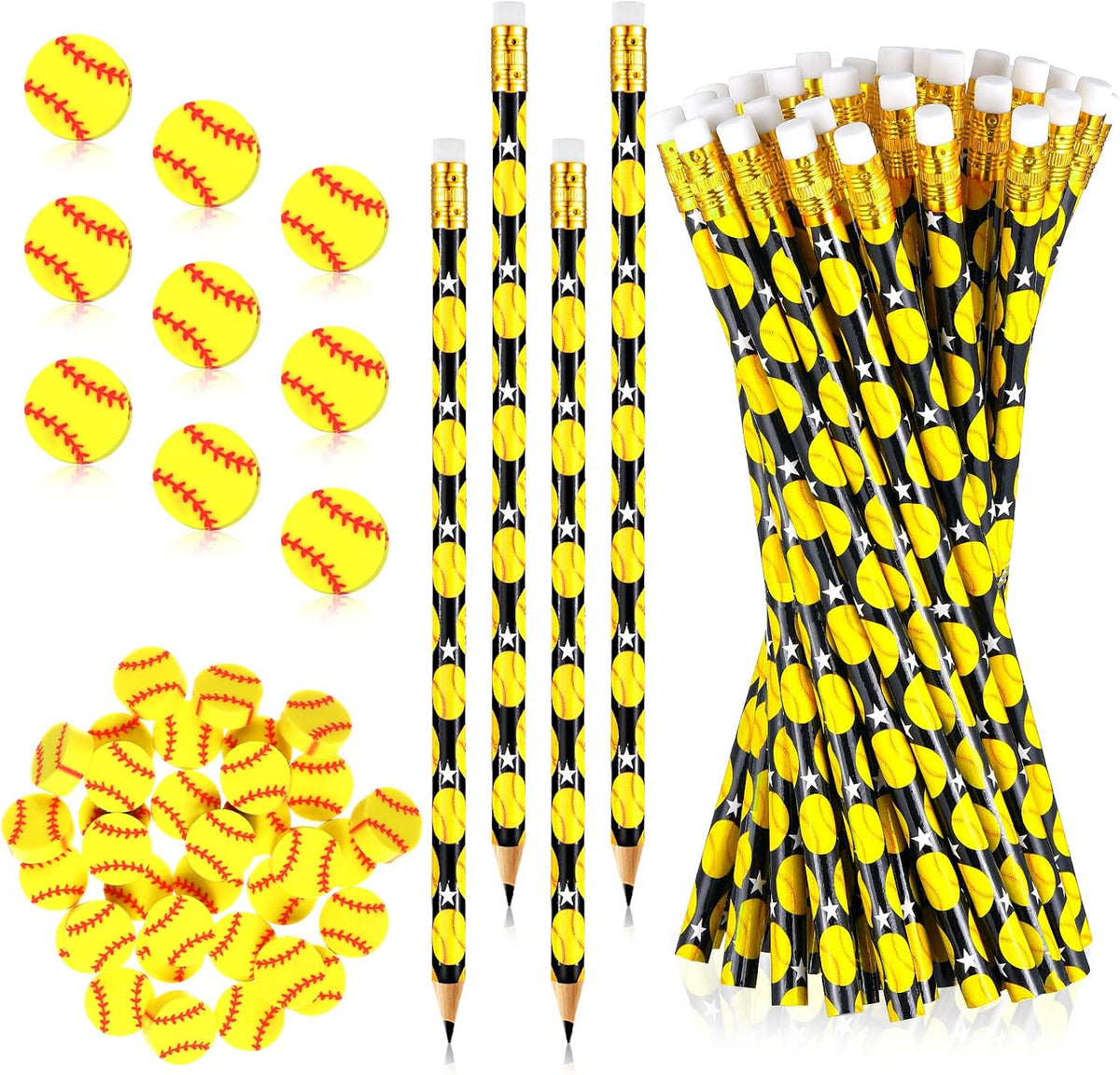 Tinlade 72 Pcs Sports Pencils and Erasers for Boys, Party Favors – Fun for Kids & Family - Softball